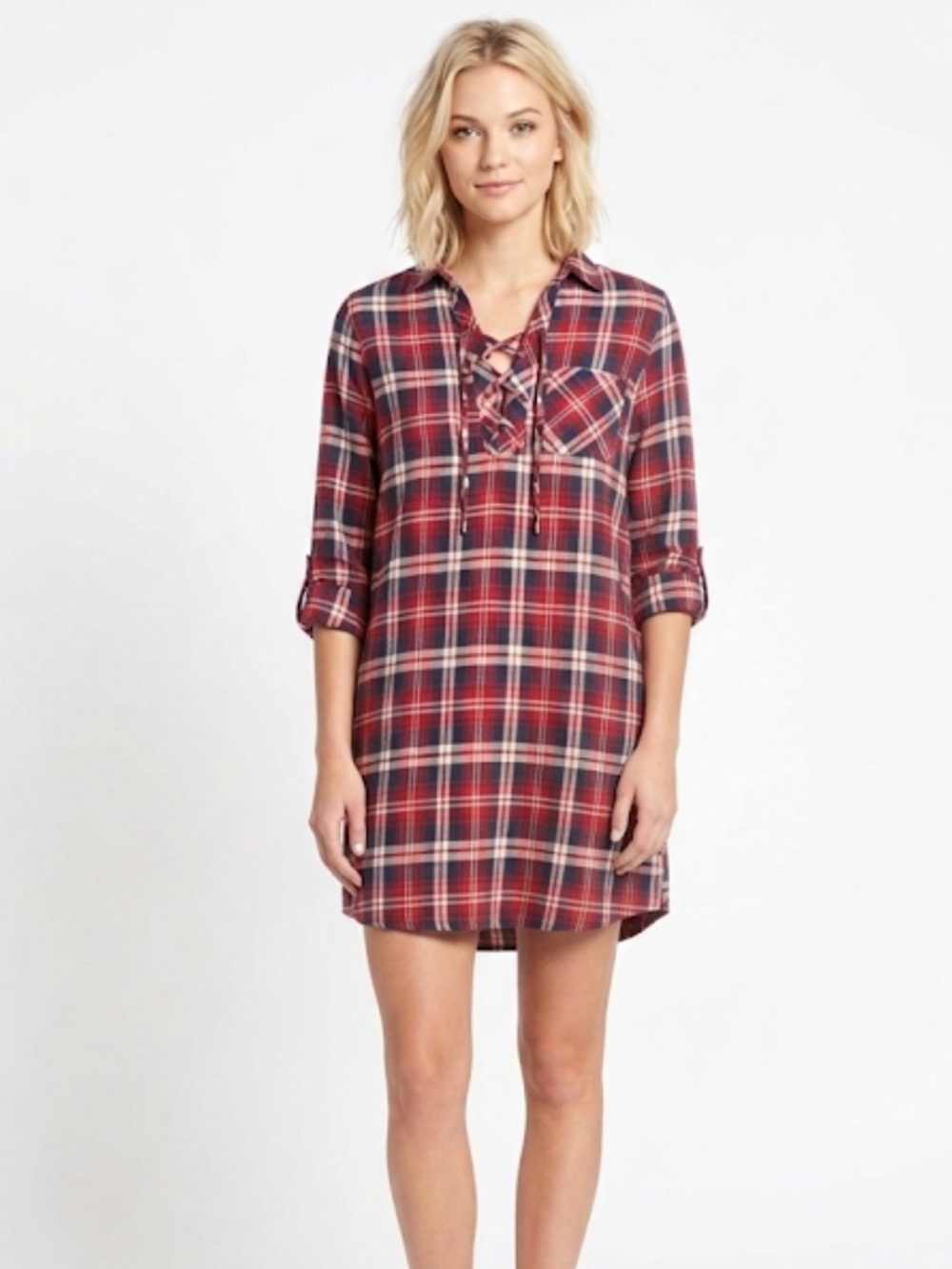 Mimi’s Red and Navy Plaid Lace-Up Tunic Shirt dress size large